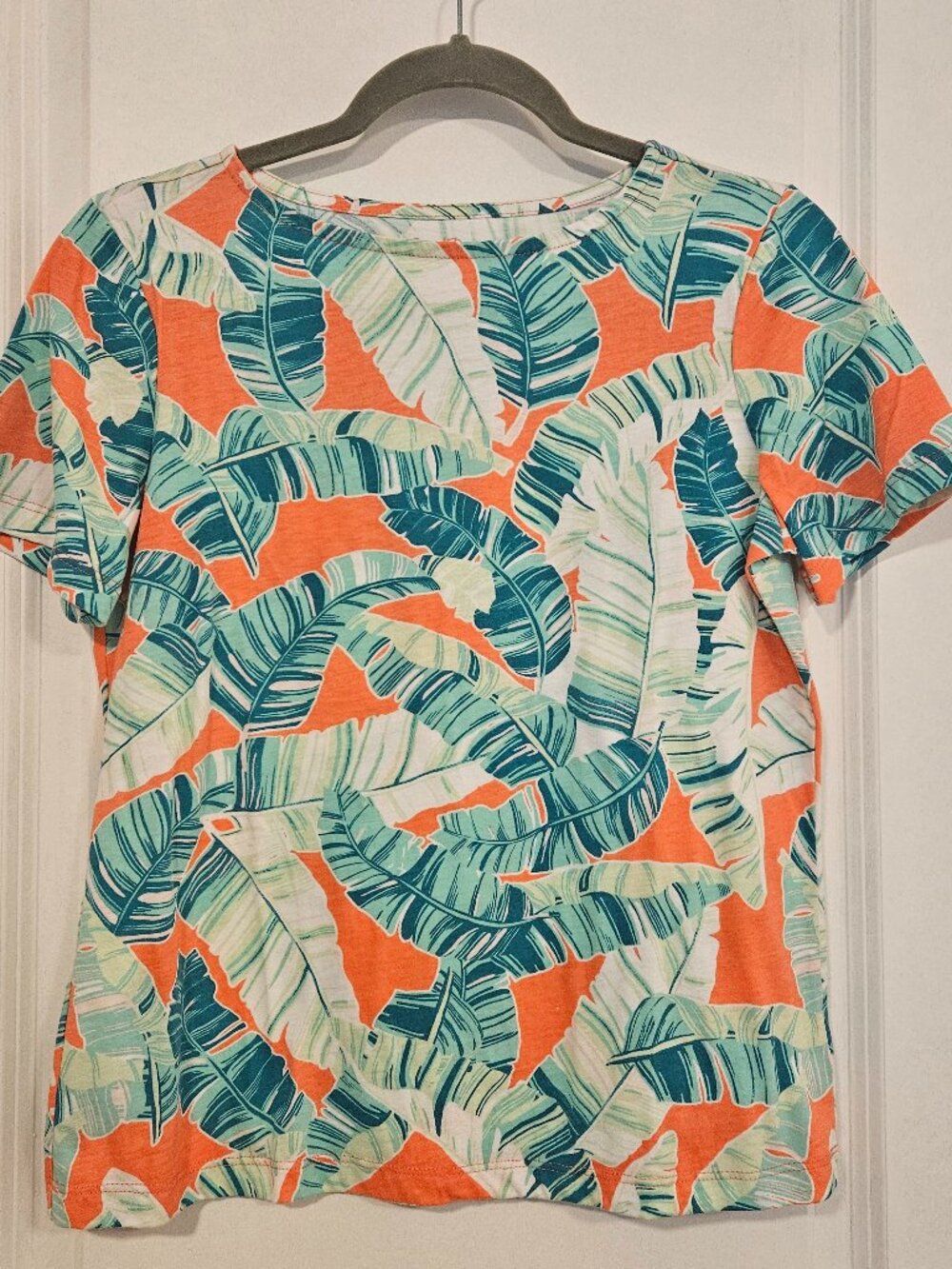 Coral Bay Petite Small Tropical Palm Leaf Tee Coral Aqua PS